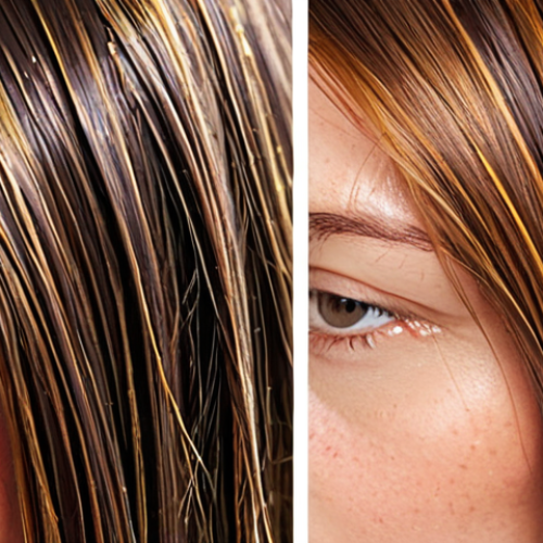 Home 13 **Hair Cuticle Transformation: Damaged vs. Restored.**
A diptych (two-panel image) showing a close-up of hair. On the left side, highly magnified, show brittle, dull hair with visibly raised, fragmented cuticles, resembling lifted pinecone scales. On the right side, show healthy, smooth, and shiny hair with tightly sealed, overlapping cuticles that reflect light like a mirror. Subtly integrate abstract elements representing keratin and ceramides "filling" and "sealing" the hair structure. High detail, scientific yet aesthetic, focus on texture and light reflection.
