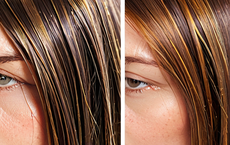 **Hair Cuticle Transformation: Damaged vs. Restored.**
A diptych (two-panel image) showing a close-up of hair. On the left side, highly magnified, show brittle, dull hair with visibly raised, fragmented cuticles, resembling lifted pinecone scales. On the right side, show healthy, smooth, and shiny hair with tightly sealed, overlapping cuticles that reflect light like a mirror. Subtly integrate abstract elements representing keratin and ceramides "filling" and "sealing" the hair structure. High detail, scientific yet aesthetic, focus on texture and light reflection.