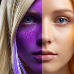 A close-up, dynamic shot of luxurious blonde hair experiencing a visible transformation. One side of the hair displays warm, brassy yellow and orange undertones, while the other side seamlessly transitions into a cool, vibrant, and perfectly neutralized platinum blonde. Ethereal streams of purple and blue light or subtle pigment particles are seen gently interacting with the brassy sections, symbolizing the color correction process. High detail, realistic, professional studio lighting, focus on hair texture and color vibrancy.