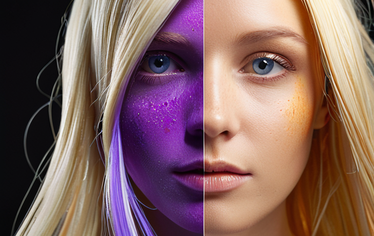 A close-up, dynamic shot of luxurious blonde hair experiencing a visible transformation. One side of the hair displays warm, brassy yellow and orange undertones, while the other side seamlessly transitions into a cool, vibrant, and perfectly neutralized platinum blonde. Ethereal streams of purple and blue light or subtle pigment particles are seen gently interacting with the brassy sections, symbolizing the color correction process. High detail, realistic, professional studio lighting, focus on hair texture and color vibrancy.