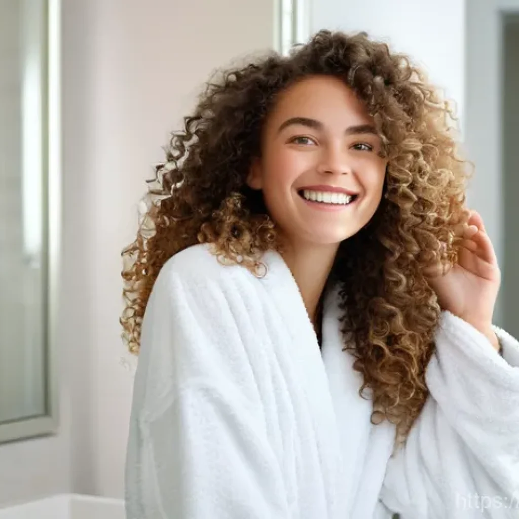 스타일링 스프레이와 무스 차이 - A joyful young woman with beautiful, naturally curly, medium-length hair. She is in a brightly lit b...