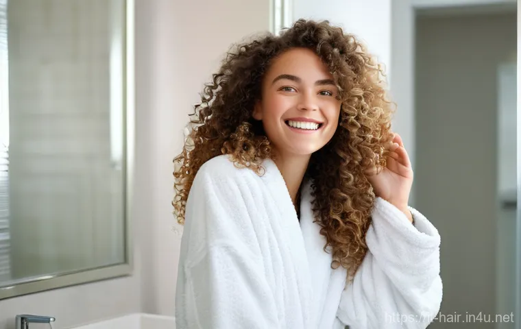 스타일링 스프레이와 무스 차이 - A joyful young woman with beautiful, naturally curly, medium-length hair. She is in a brightly lit b...