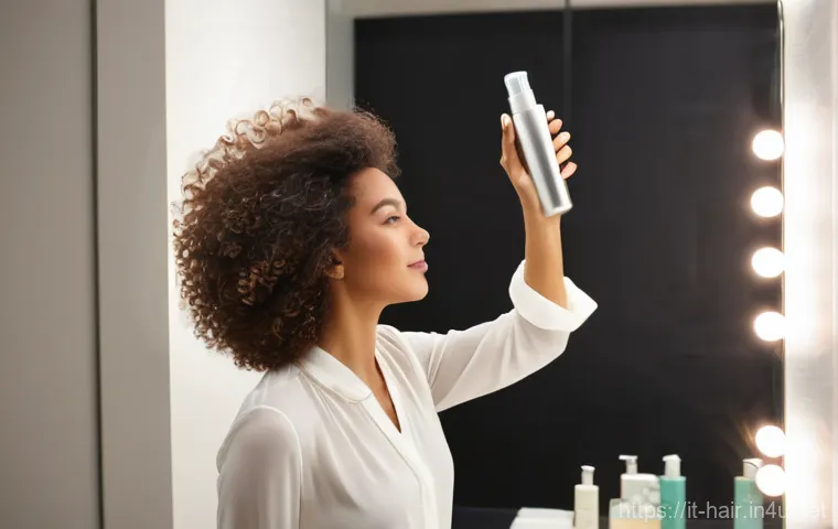 스타일링 스프레이와 무스 차이 - A joyful young woman with beautiful, naturally curly, medium-length hair. She is in a brightly lit b...