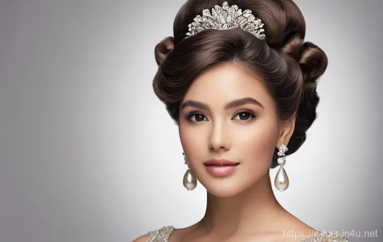 스타일링 스프레이와 무스 차이 - A stylish woman with elegant, sleek, wavy hair. She is standing in front of a modern vanity mirror, ...