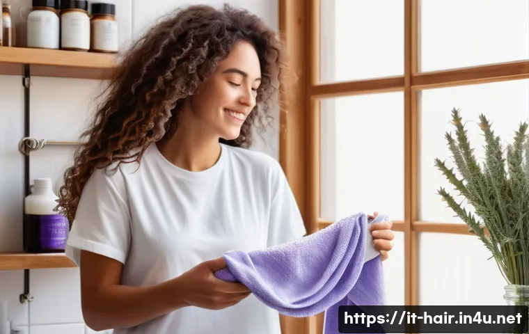 자연 건조 모발 관리법 - A serene bathroom scene featuring a young Italian woman gently drying her long, wavy hair with a sof...