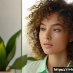 볼륨펌 관리 전용 샴푸 추천 - A close-up portrait of a young woman with naturally voluminous curly hair, softly illuminated by war...