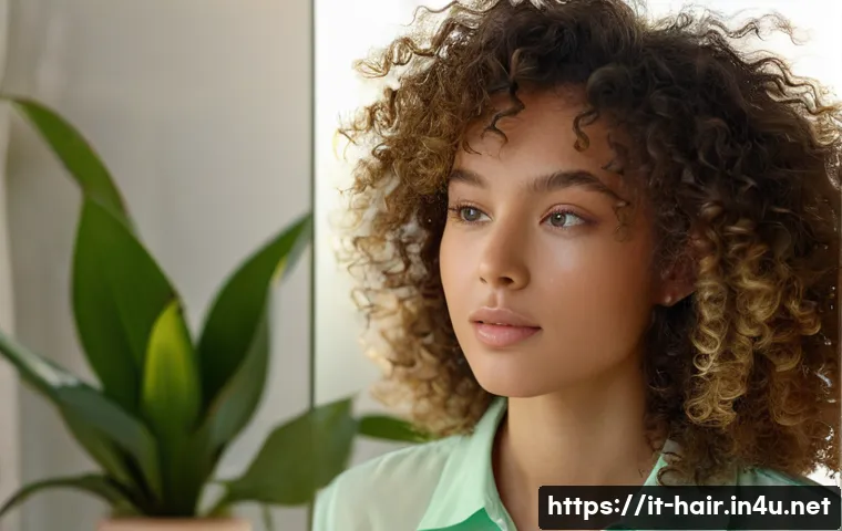볼륨펌 관리 전용 샴푸 추천 - A close-up portrait of a young woman with naturally voluminous curly hair, softly illuminated by war...