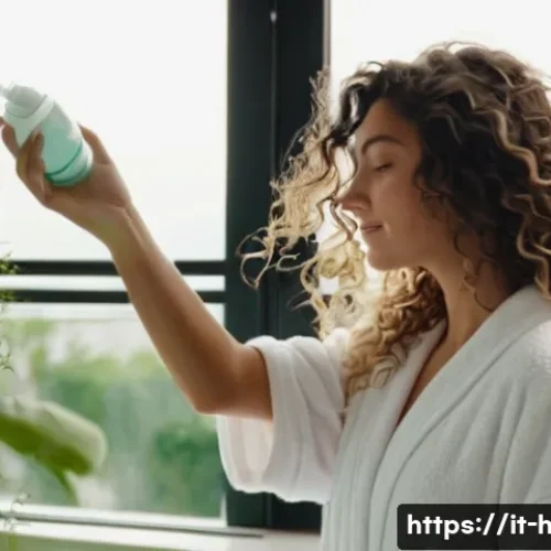 컬 유지력 높은 헤어 무스 추천 - A close-up portrait of a young Italian woman with naturally wavy hair applying a lightweight water-b...