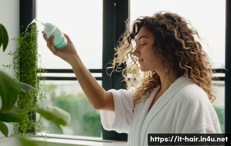 컬 유지력 높은 헤어 무스 추천 - A close-up portrait of a young Italian woman with naturally wavy hair applying a lightweight water-b...