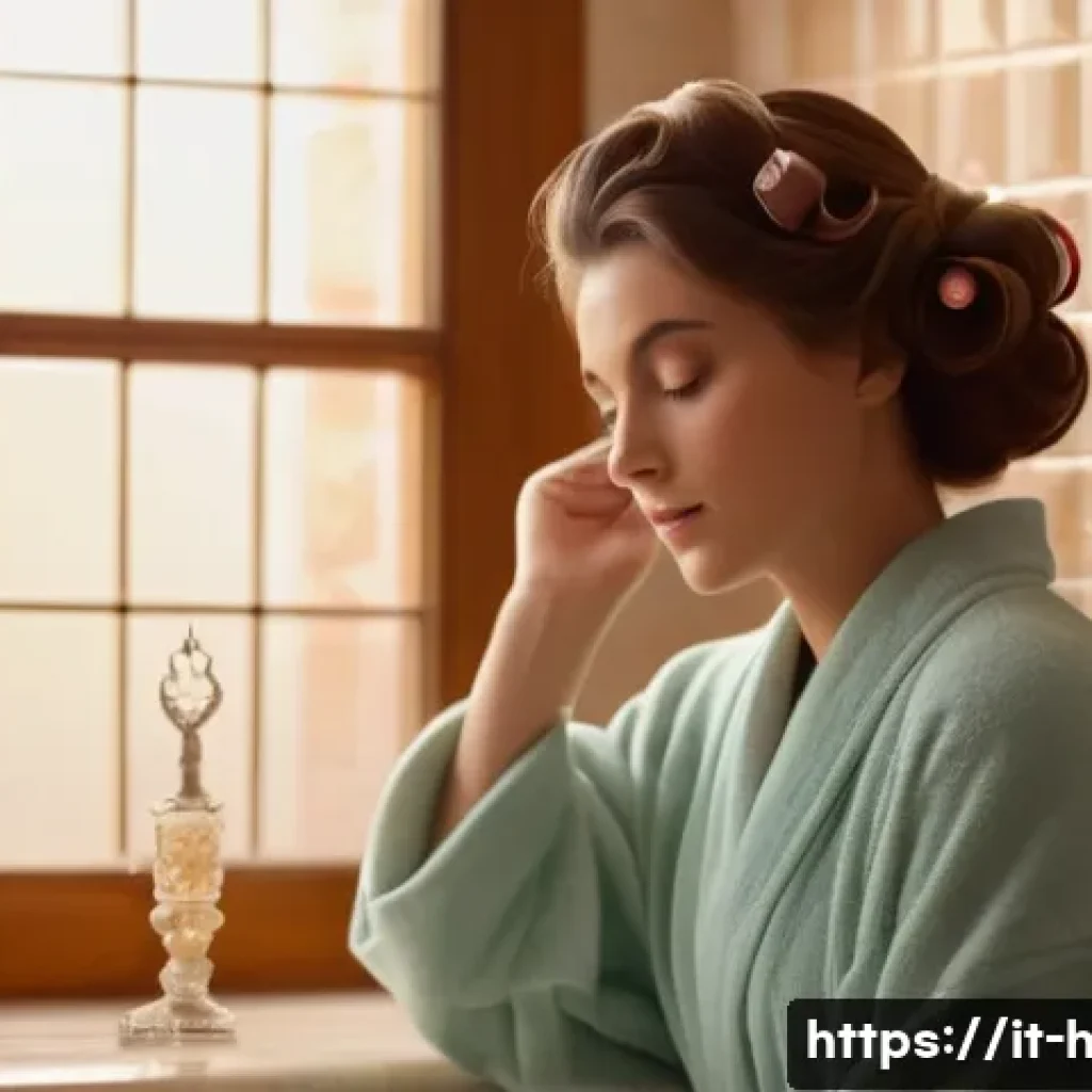 바디를 살리는 헤어 롤러 추천 - A cozy, softly lit Italian bathroom scene featuring a young woman with fine, straight hair gently wr...