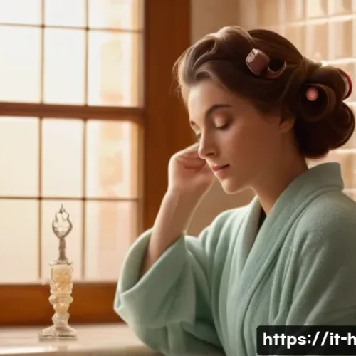 바디를 살리는 헤어 롤러 추천 - A cozy, softly lit Italian bathroom scene featuring a young woman with fine, straight hair gently wr...