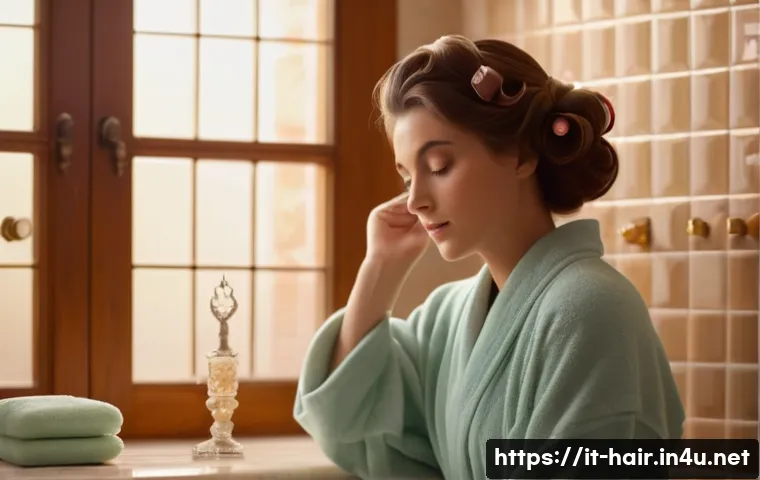 바디를 살리는 헤어 롤러 추천 - A cozy, softly lit Italian bathroom scene featuring a young woman with fine, straight hair gently wr...