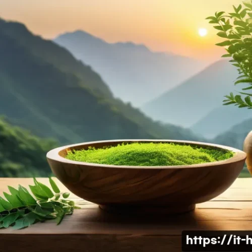 히말라야 허벌 샴푸와 판테놀 비교 - A serene, natural Himalayan mountain landscape at sunrise, with lush green herbal plants like amla, ...