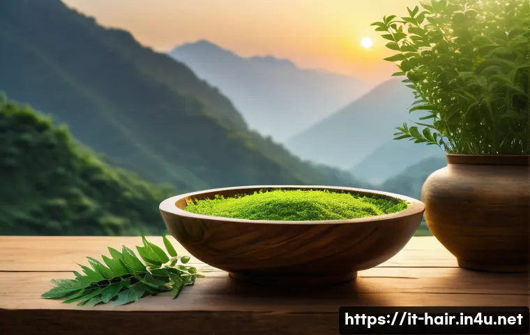 히말라야 허벌 샴푸와 판테놀 비교 - A serene, natural Himalayan mountain landscape at sunrise, with lush green herbal plants like amla, ...