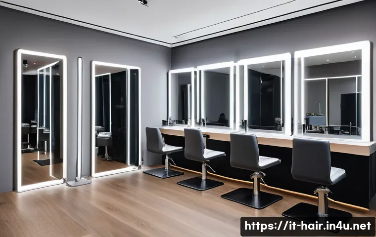 고데기 추천 다이슨 에어랩 vs GHD - A sleek and modern beauty salon interior in Milan, Italy, showcasing a professional hairstylist usin...