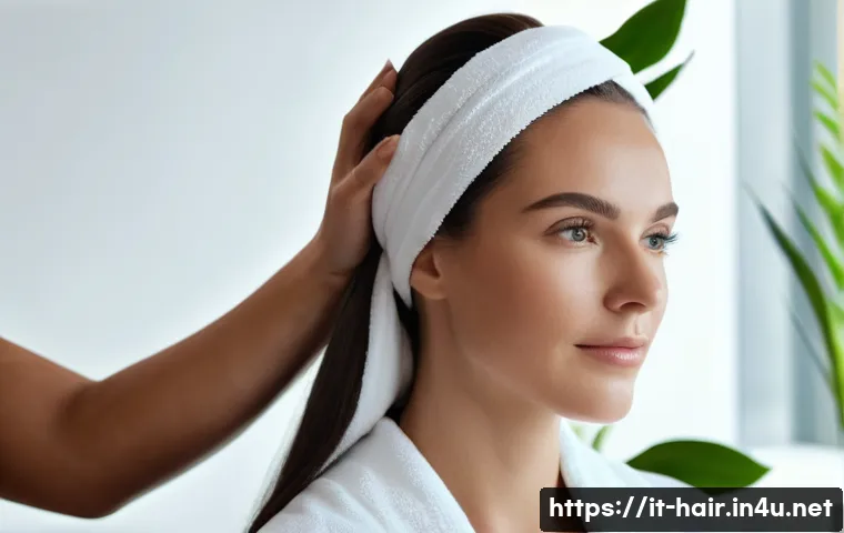 단백질 충전 헤어 마스크팩 - A close-up portrait of a woman with long, glossy brown hair receiving a professional hair treatment ...