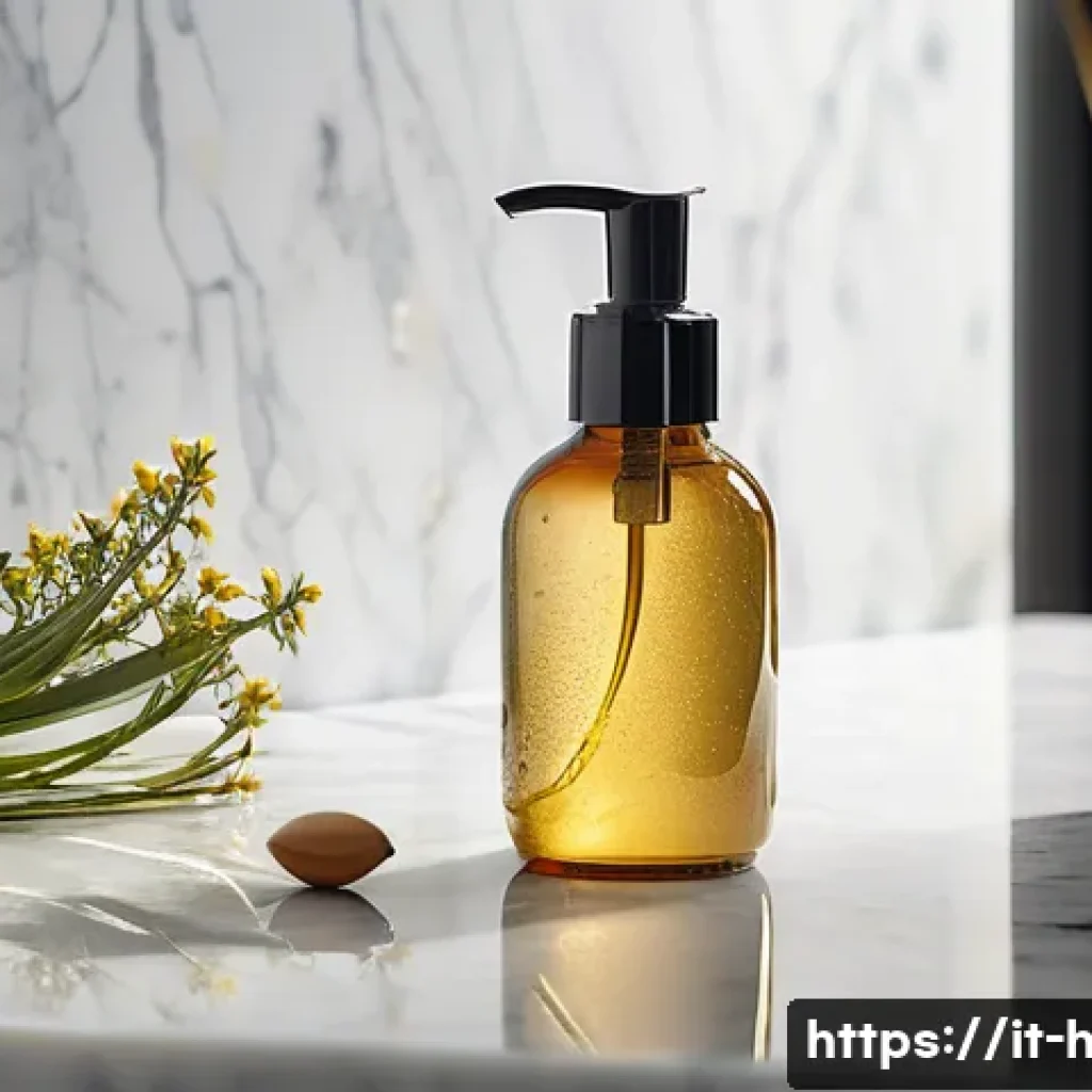 실리콘 프리 헤어세럼 추천 - A serene bathroom scene showcasing a sleek, minimalist bottle of silicone-free hair serum on a marbl...