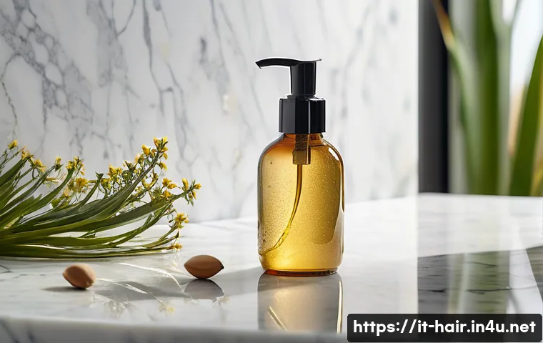 실리콘 프리 헤어세럼 추천 - A serene bathroom scene showcasing a sleek, minimalist bottle of silicone-free hair serum on a marbl...