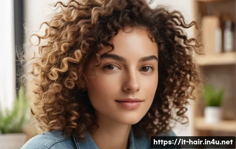 헤어 컬링 지속력 높은 제품 추천 - A close-up portrait of a young Italian woman with medium-thick natural curly hair styled in soft, we...