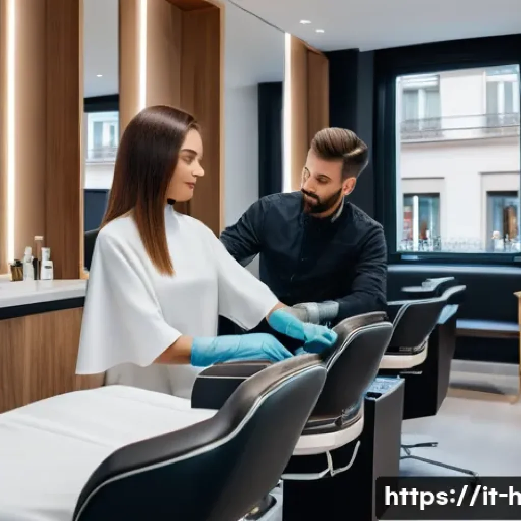 손상모 복구 클리닉 비용 비교 - A modern, upscale hair clinic interior in Milan, Italy, featuring a professional stylist applying a ...