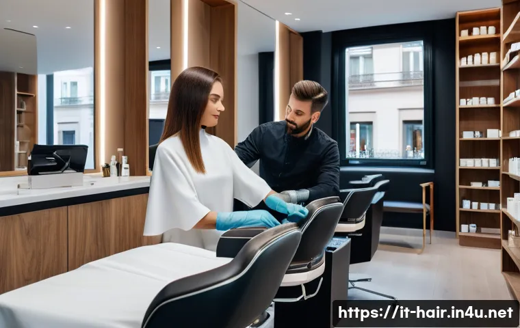 손상모 복구 클리닉 비용 비교 - A modern, upscale hair clinic interior in Milan, Italy, featuring a professional stylist applying a ...