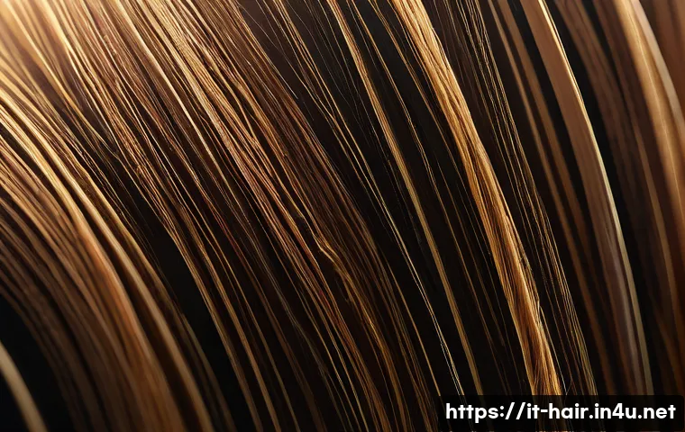 손상모 복구용 헤어 필러 - A close-up, hyper-realistic image of healthy hair strands showing deep penetration of a hair filler ...