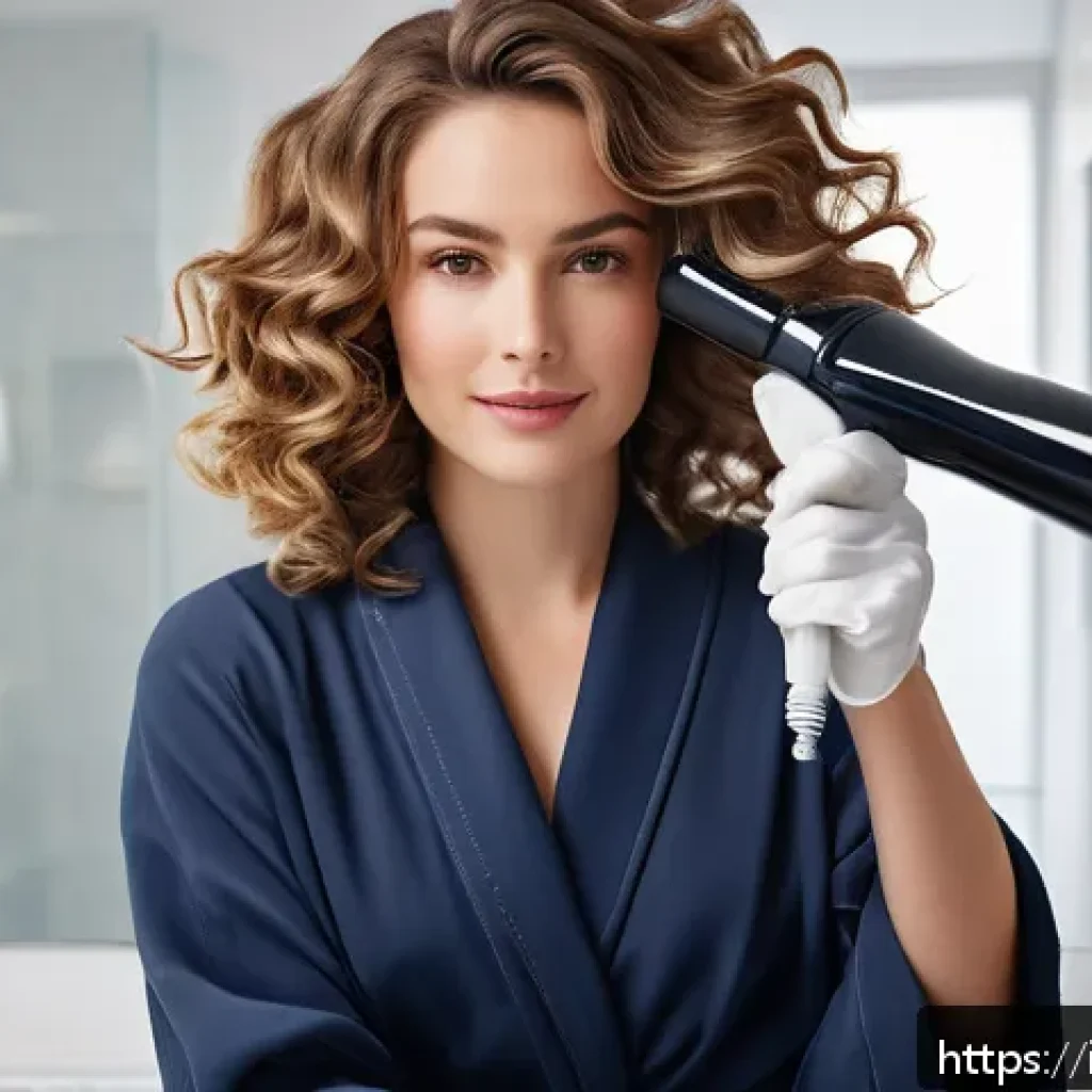 손쉬운 헤어 컬링 기기 추천 - A stylish modern bathroom scene featuring a woman with shoulder-length natural wavy hair, using a ce...