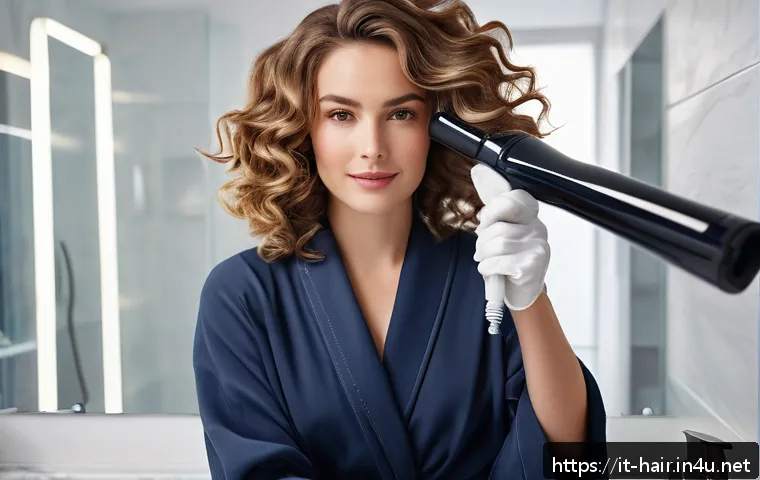 손쉬운 헤어 컬링 기기 추천 - A stylish modern bathroom scene featuring a woman with shoulder-length natural wavy hair, using a ce...