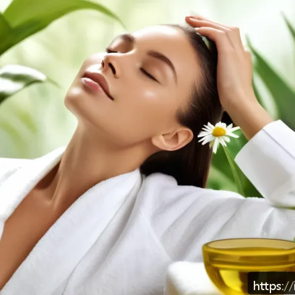 저자극 헤어토닉 추천 - A serene spa setting featuring a woman with healthy, shiny hair applying a chamomile-infused scalp t...