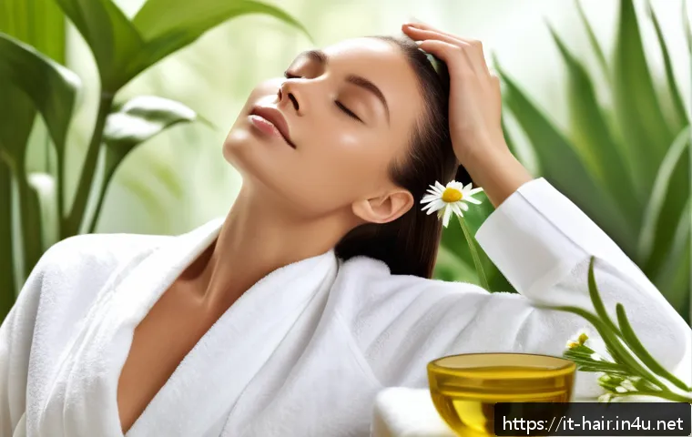 저자극 헤어토닉 추천 - A serene spa setting featuring a woman with healthy, shiny hair applying a chamomile-infused scalp t...