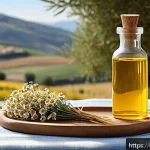 Home 22 이탈리아 브랜드 헤어 케어 제품 - A serene, sunlit Italian countryside scene showcasing a rustic wooden table adorned with natural hai...