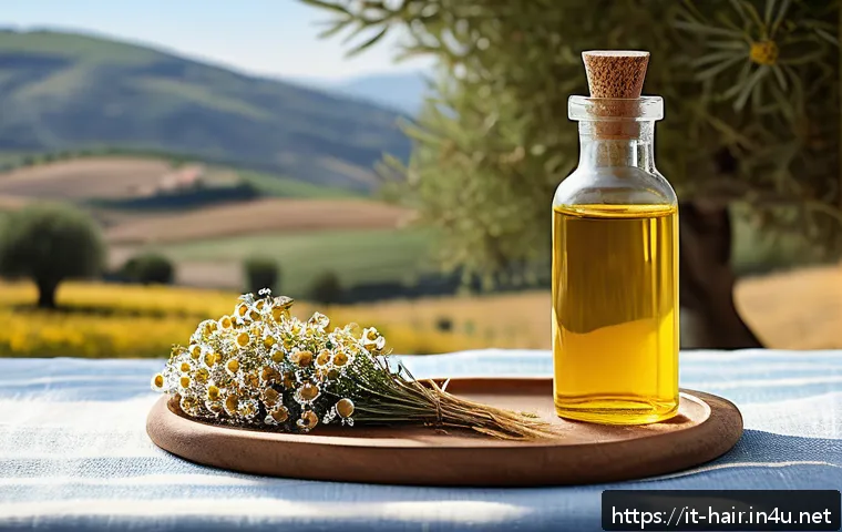 이탈리아 브랜드 헤어 케어 제품 - A serene, sunlit Italian countryside scene showcasing a rustic wooden table adorned with natural hai...