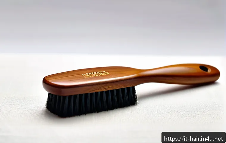 친환경 헤어 브러쉬 추천 - A close-up, high-resolution image of an eco-friendly hairbrush made from certified FSC wood with a s...