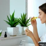 Home 19 헤어 세럼과 트리트먼트 차이 - A bright, modern bathroom scene featuring a young Italian woman with fine, straight hair applying a ...