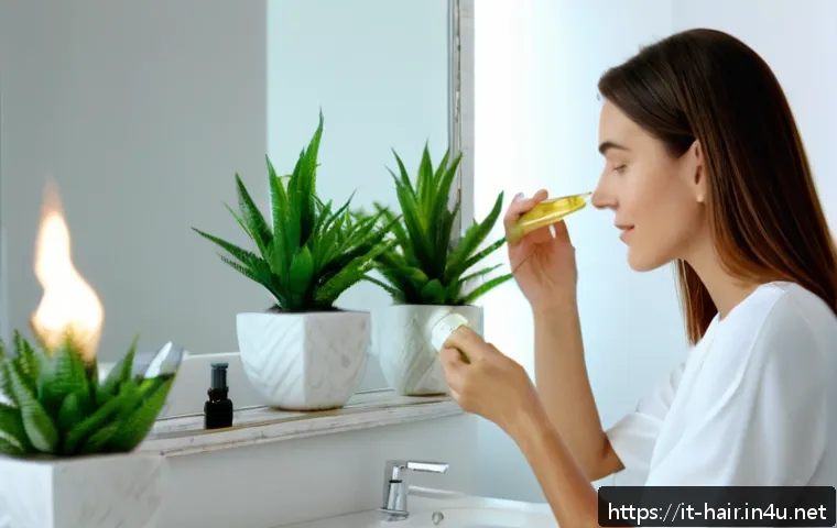 헤어 세럼과 트리트먼트 차이 - A bright, modern bathroom scene featuring a young Italian woman with fine, straight hair applying a ...