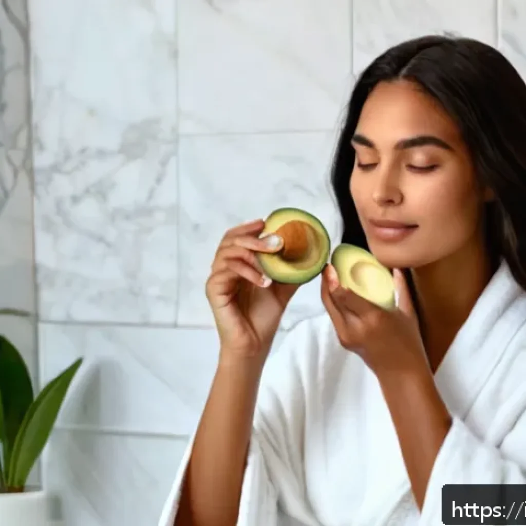 자연 성분 헤어팩 DIY 방법 - A serene, bright bathroom scene featuring a woman with medium-length hair wearing a soft, white cott...