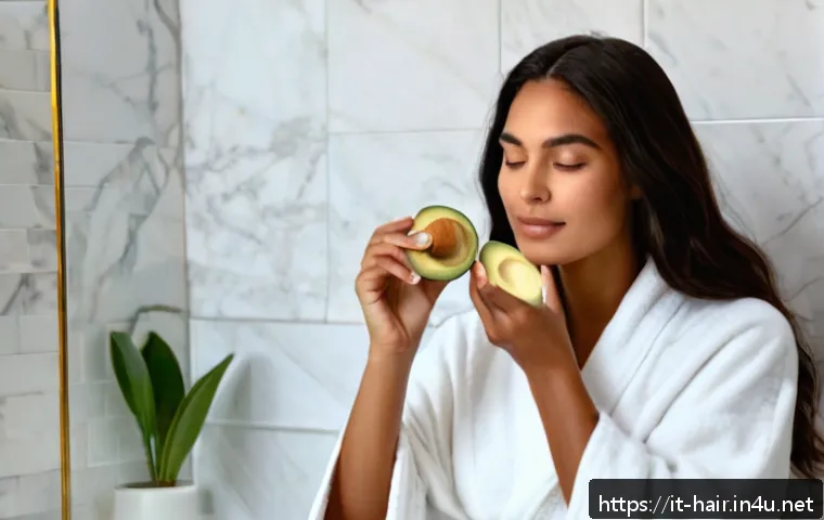 자연 성분 헤어팩 DIY 방법 - A serene, bright bathroom scene featuring a woman with medium-length hair wearing a soft, white cott...