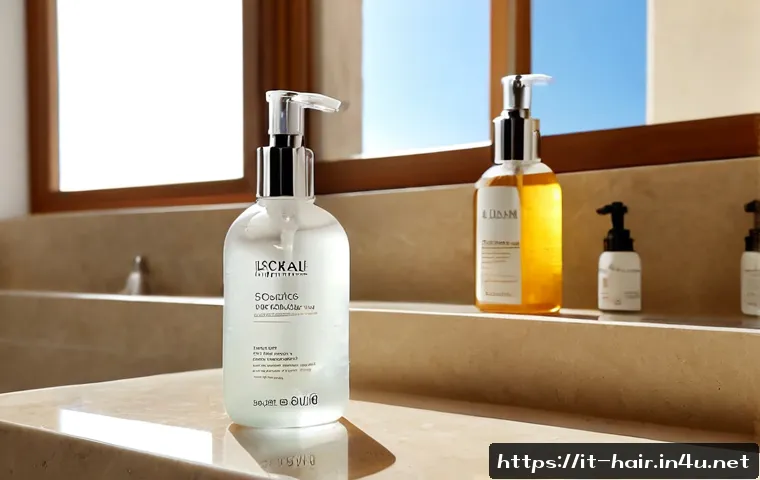 헤어 에센스와 헤어 오일 차이 - Photorealistic beauty comparison scene in a bright Italian apartment bathroom, two unbranded clear g...