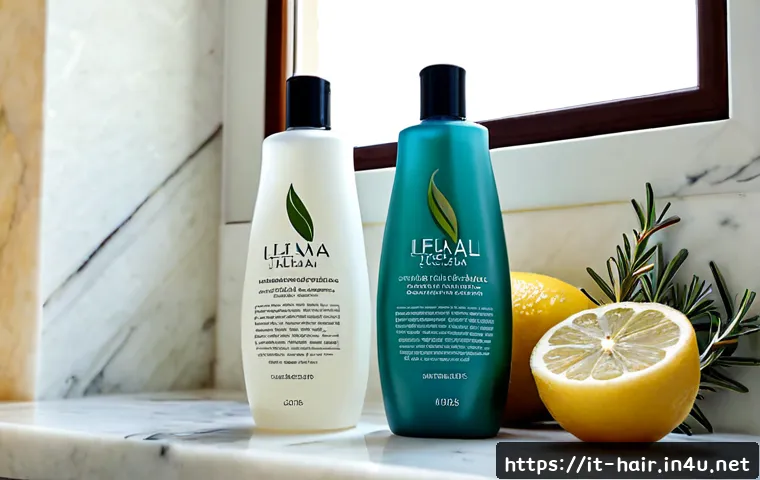 지성 두피용 샴푸와 트리트먼트 비교 - Photorealistic bathroom vanity comparison scene for oily scalp hair care, two unbranded shampoo and ...